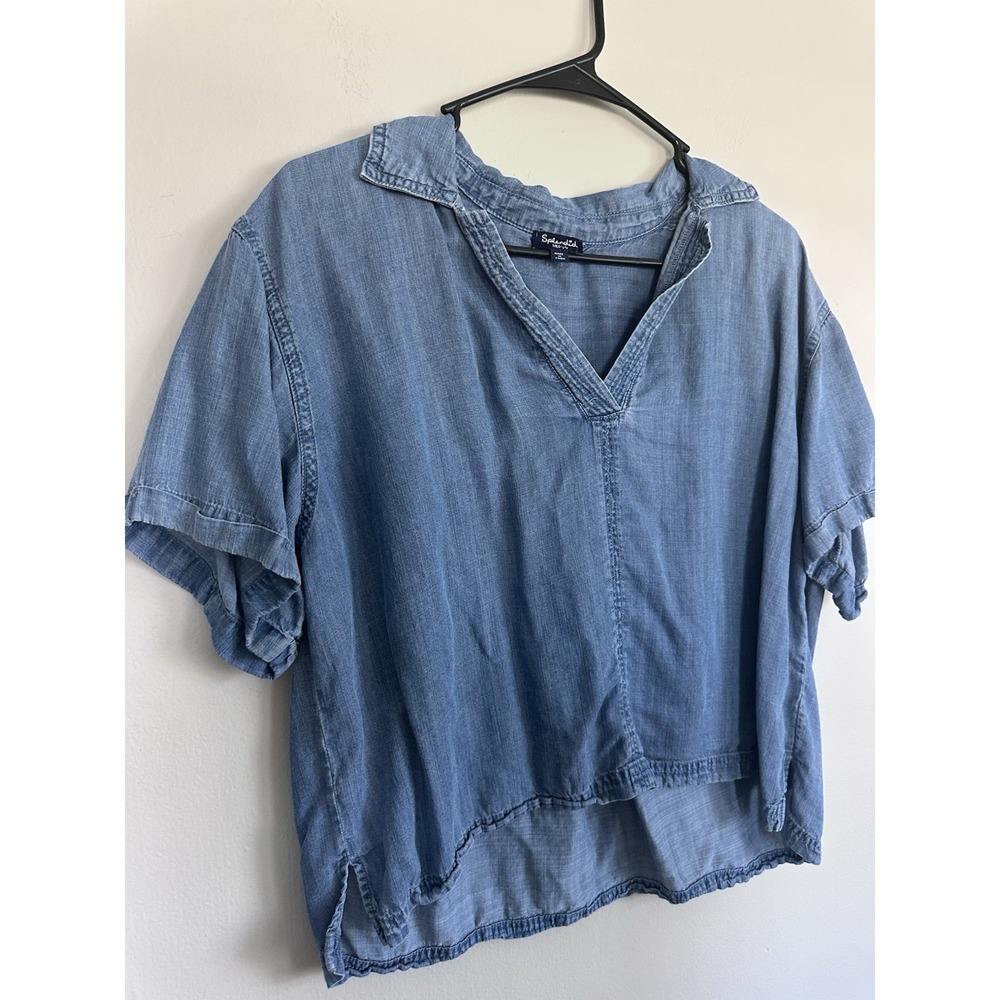 Splendid Denim Chambray Collared Short Sleeve Cropped Blouse Top Size MEDIUM - Picture 2 of 16
